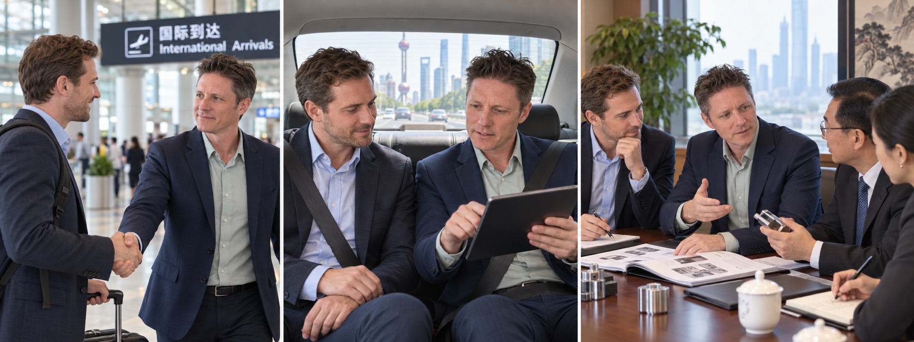 Three-stage reconstruction of an Elite consultant greeting a client at a China airport, reviewing the agenda in a taxi, and advising during a business meeting