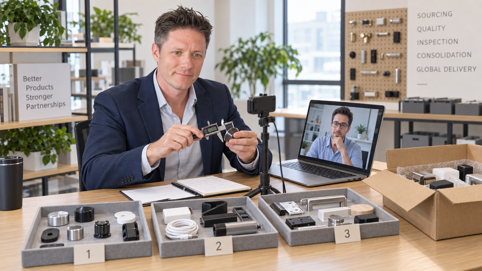 Elite consultant measuring consolidated supplier samples during a live video review with an overseas client