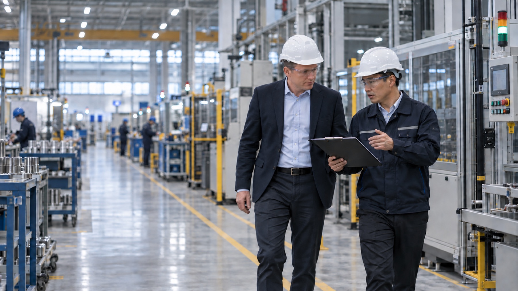Illustrative scene of an Elite consultant inspecting operations with a Chinese factory manager